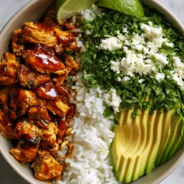 Honey Lime Chicken served with Avocado Rice in a colorful bowl