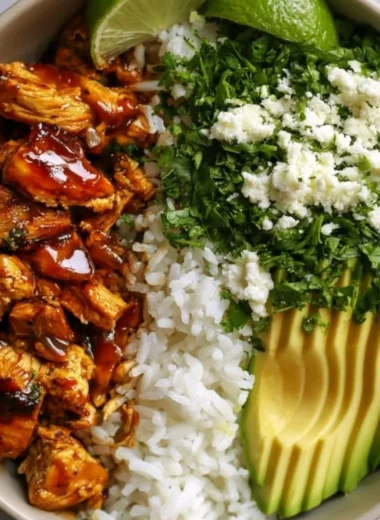 Honey Lime Chicken served with Avocado Rice in a colorful bowl