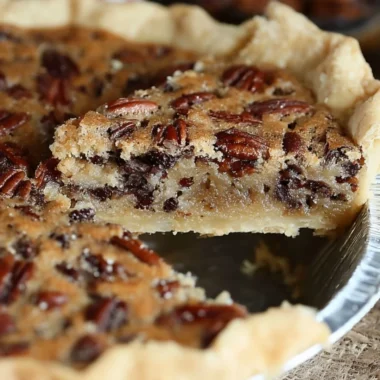 Slice of Kentucky Pecan Pie on a wooden table with pecans scattered around.