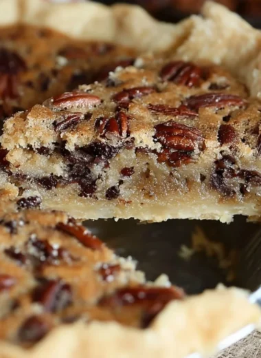 Slice of Kentucky Pecan Pie on a wooden table with pecans scattered around.