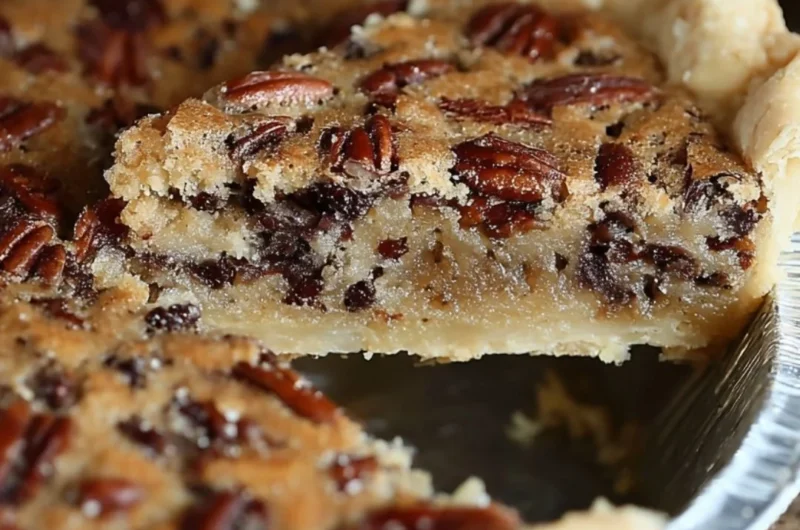 Slice of Kentucky Pecan Pie on a wooden table with pecans scattered around.