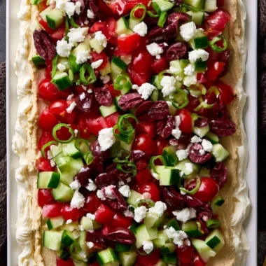 Delicious layered Greek dip served with pita chips and fresh vegetables