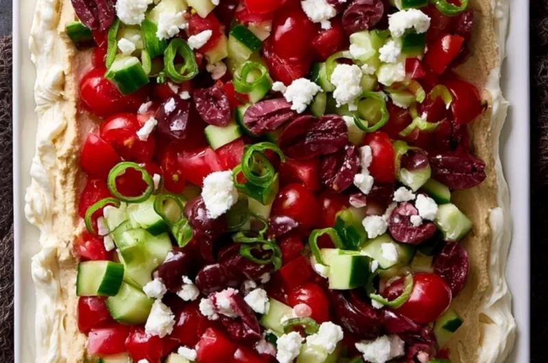 Delicious layered Greek dip served with pita chips and fresh vegetables