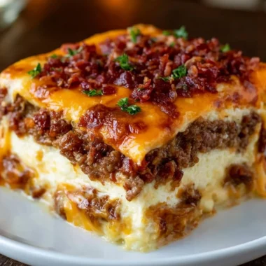 Low-carb bacon cheeseburger casserole baked and served in a dish