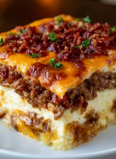 Low-carb bacon cheeseburger casserole baked and served in a dish