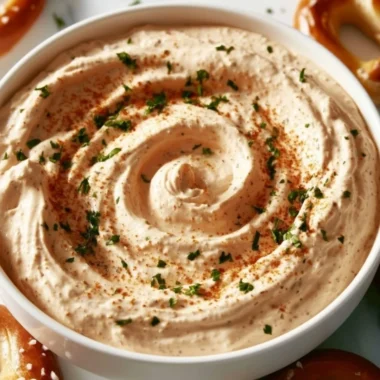 Delicious OMG Pretzel Dip served with warm soft pretzels
