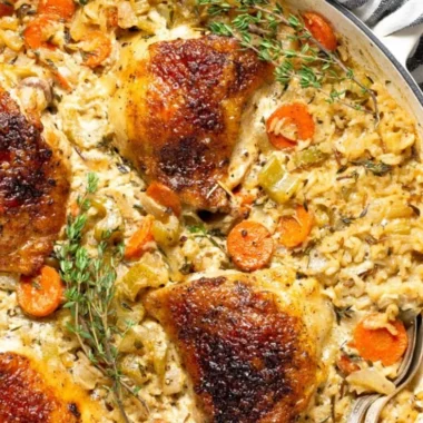 One Pan Chicken Rice Casserole topped with fresh herbs and spices