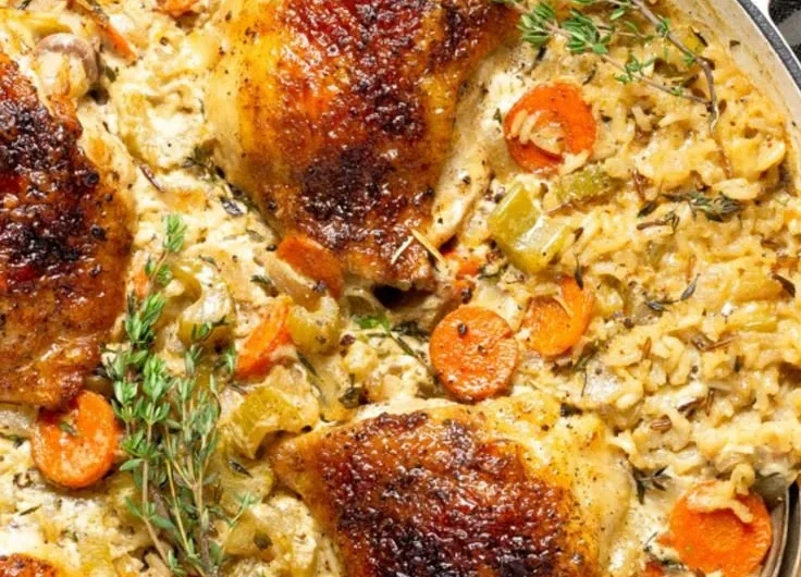 One Pan Chicken Rice Casserole topped with fresh herbs and spices