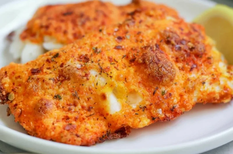 Delicious Parmesan Crusted Cod served with lemon garnish on a plate