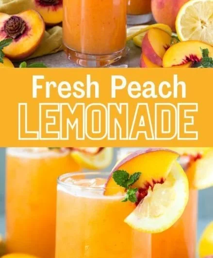 Glass of refreshing Peach Lemonade with slices of peach and lemon