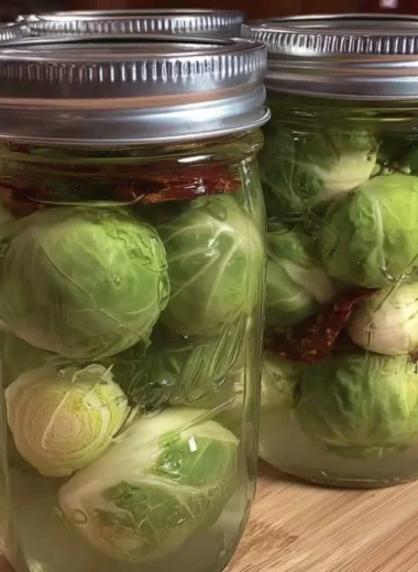 Pickled Brussels sprouts recipe served as Pickled Frog Balls in a jar