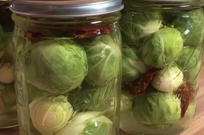 Pickled Brussels sprouts recipe served as Pickled Frog Balls in a jar