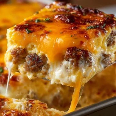 Delicious Sausage, Egg, and Cream Cheese Hashbrown Casserole baked to perfection.