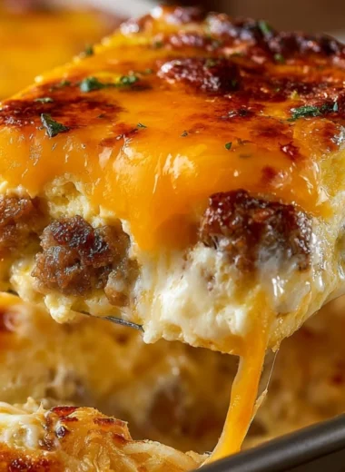 Delicious Sausage, Egg, and Cream Cheese Hashbrown Casserole baked to perfection.