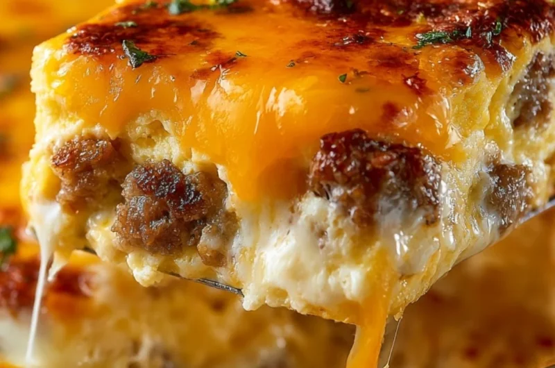 Delicious Sausage, Egg, and Cream Cheese Hashbrown Casserole baked to perfection.