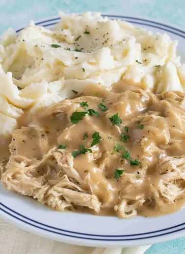 Bowl of shredded chicken in savory gravy served with rice