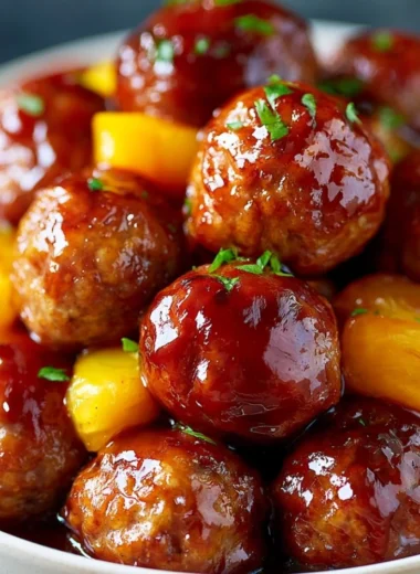 Slow cooker teriyaki meatballs served in a bowl with sesame seeds and green onions