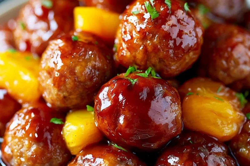 Slow cooker teriyaki meatballs served in a bowl with sesame seeds and green onions