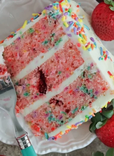 Slice of Strawberry Funfetti Cake with colorful sprinkles and fresh strawberries