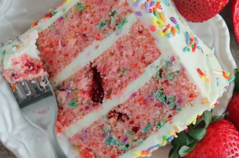 Slice of Strawberry Funfetti Cake with colorful sprinkles and fresh strawberries