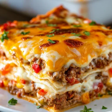Delicious Taco Lasagna layered with flavors and toppings