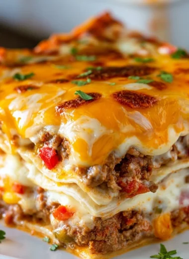 Delicious Taco Lasagna layered with flavors and toppings