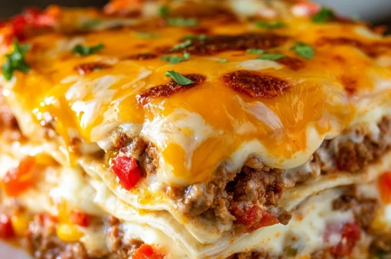 Delicious Taco Lasagna layered with flavors and toppings