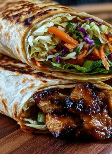 Teriyaki chicken wrap with vibrant vegetables and savory sauce