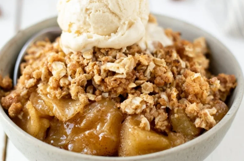Bowl of delicious homemade apple crisp topped with ice cream