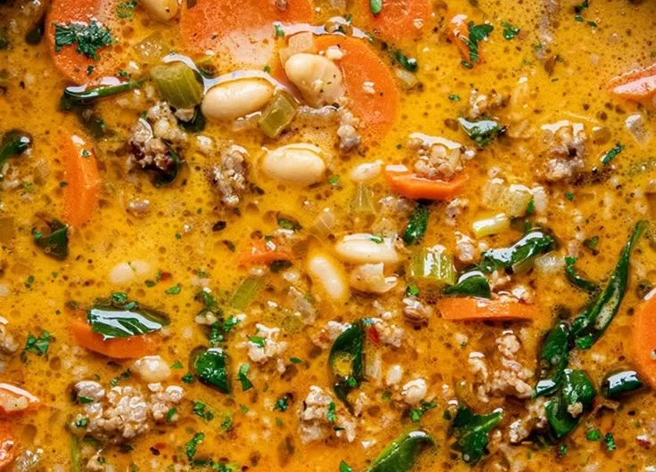 Bowl of Tuscan white bean soup garnished with herbs