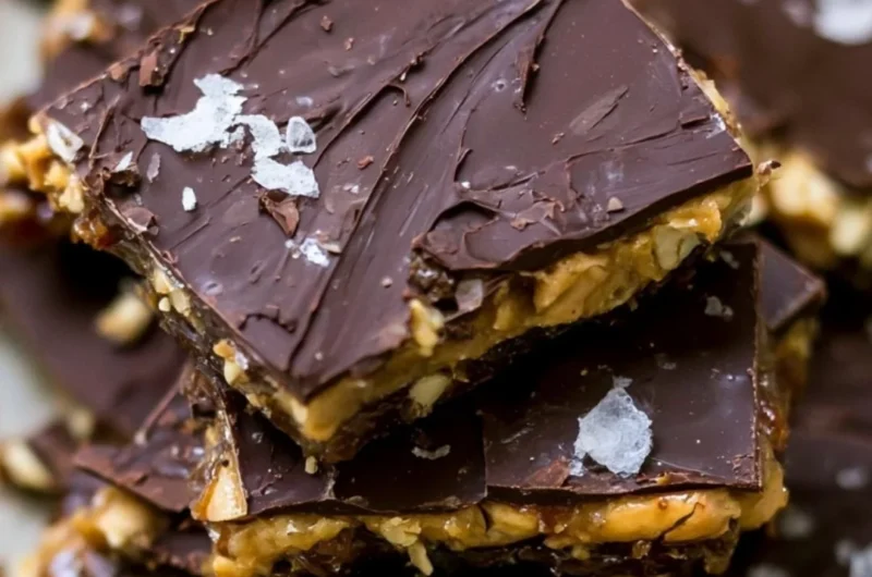 Delicious homemade Chocolate Date Bark topped with nuts and coconut flakes.