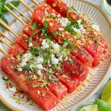 Delicious watermelon skewers sprinkled with Tajin seasoning