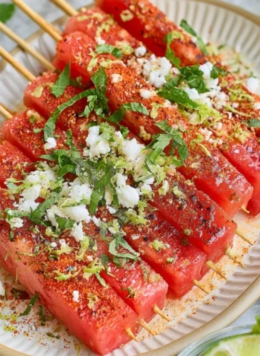 Delicious watermelon skewers sprinkled with Tajin seasoning