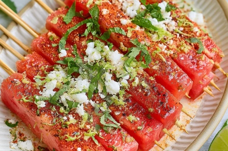 Delicious watermelon skewers sprinkled with Tajin seasoning