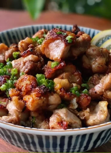 Yakitori-inspired salt and pepper chicken bites on a serving plate