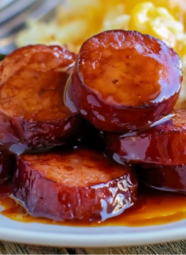 Delicious baked BBQ sausage served with sides on a plate