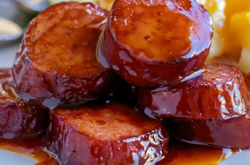 Delicious baked BBQ sausage served with sides on a plate