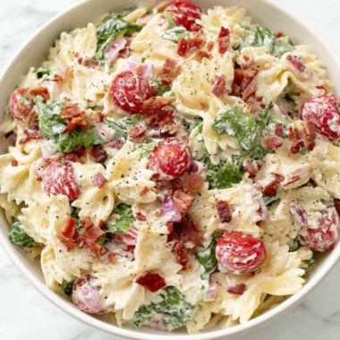 Colorful BLT Pasta Salad with bacon, lettuce, and tomatoes in a bowl