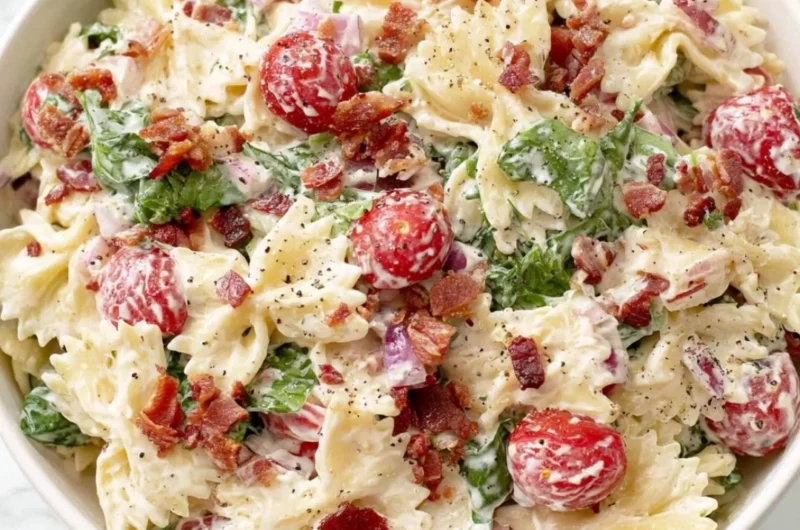 Colorful BLT Pasta Salad with bacon, lettuce, and tomatoes in a bowl