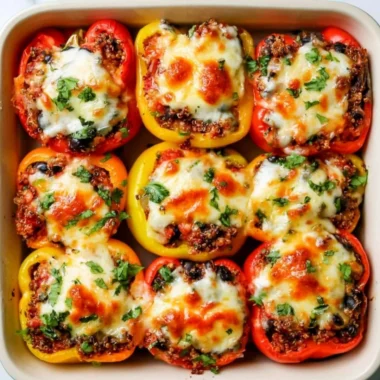 Mexican-inspired vegetarian stuffed peppers topped with cheese and fresh ingredients