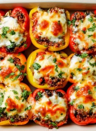 Mexican-inspired vegetarian stuffed peppers topped with cheese and fresh ingredients