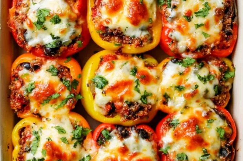 Mexican-inspired vegetarian stuffed peppers topped with cheese and fresh ingredients