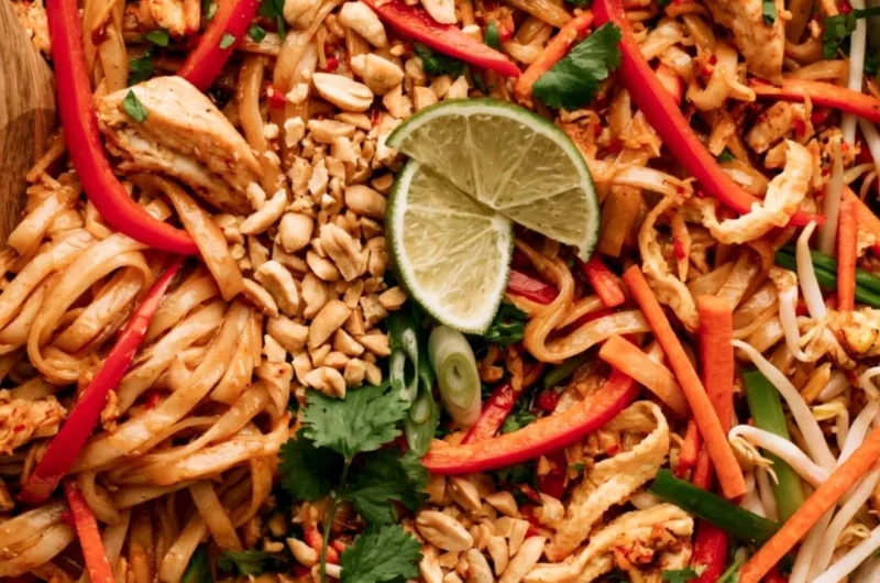 Delicious Cozy Chicken Pad Thai with vibrant vegetables and peanuts