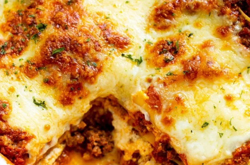 A warm and cheesy lasagna dish ready to serve, showcasing layers of pasta and sauce.