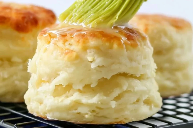 Fluffy self-rising flour biscuits served warm on a rustic wooden table.