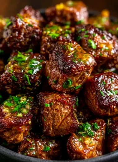 Delicious cozy garlic butter steak bites served on a plate