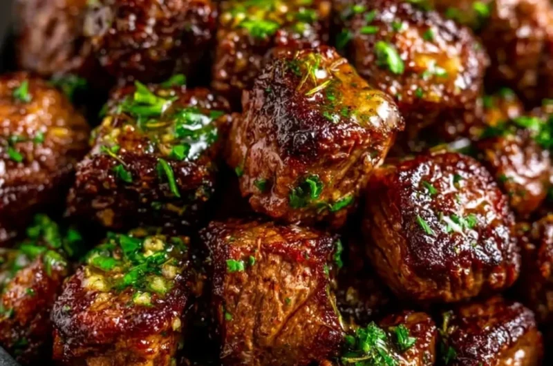 Delicious cozy garlic butter steak bites served on a plate