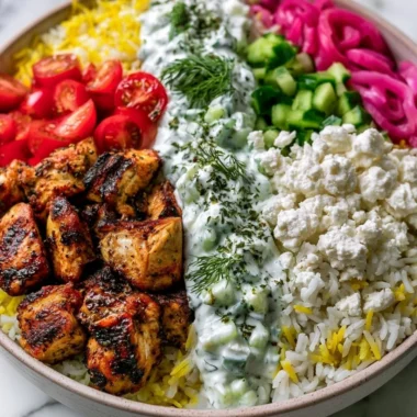 Cozy Mediterranean lemon-dill chicken bowls garnished with fresh herbs and lemon slices.