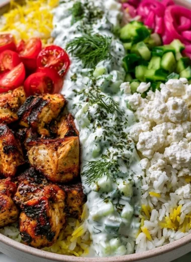 Cozy Mediterranean lemon-dill chicken bowls garnished with fresh herbs and lemon slices.