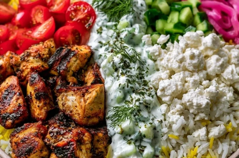Cozy Mediterranean lemon-dill chicken bowls garnished with fresh herbs and lemon slices.